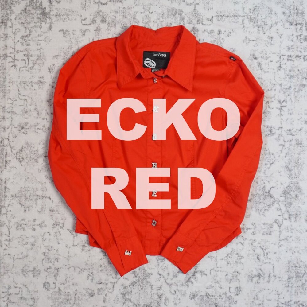 Vintage Ecko Red Button-Up Shirt Blouse with Rhinestones Y2K – Women’s XL